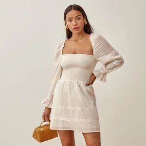 Reformation organic cotton Dunes puff sleeve mini dress square neck cream